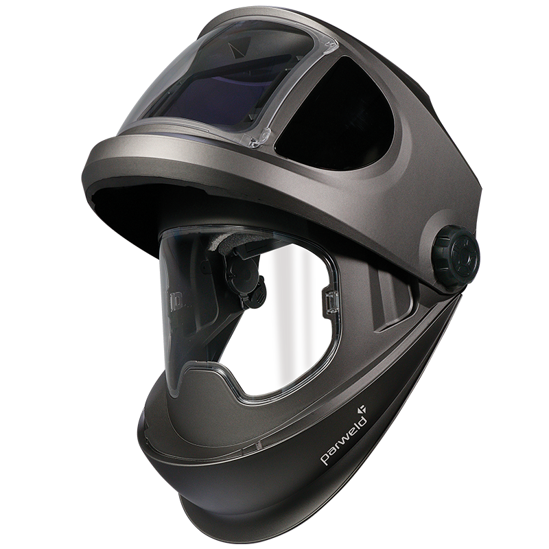 The PARWELD FLIP FRONT WELDING HELMET is black and gray with a flip visor, clear shield, side knob, and logo on a white background.