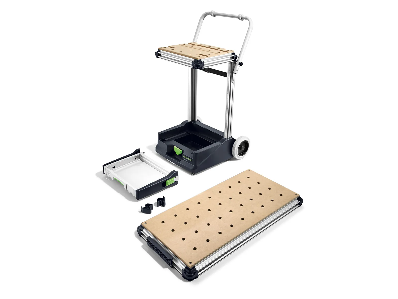 A modular rolling cart with a wooden work surface, two large wheels, pull handle, removable drawer, and other detachable components on a white background.