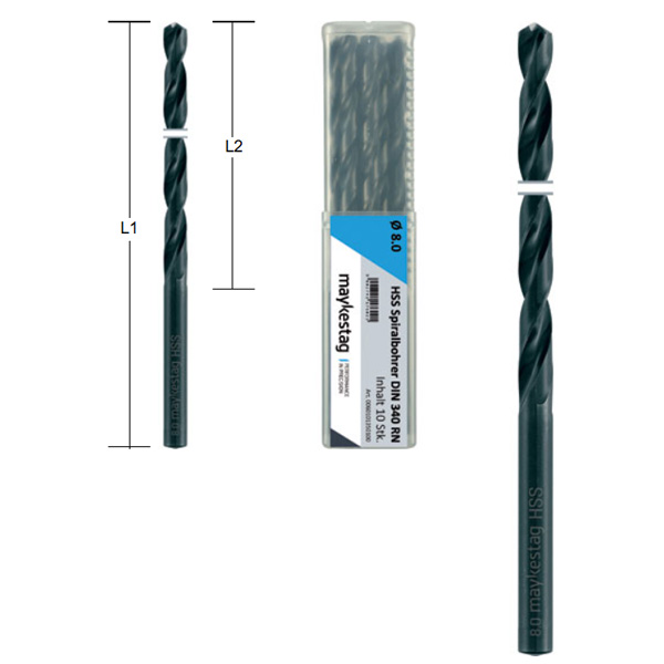 Image shows a black 4.2mm HSS long drill bit with L1 and L2 measurements, next to a case containing similar drill bits.