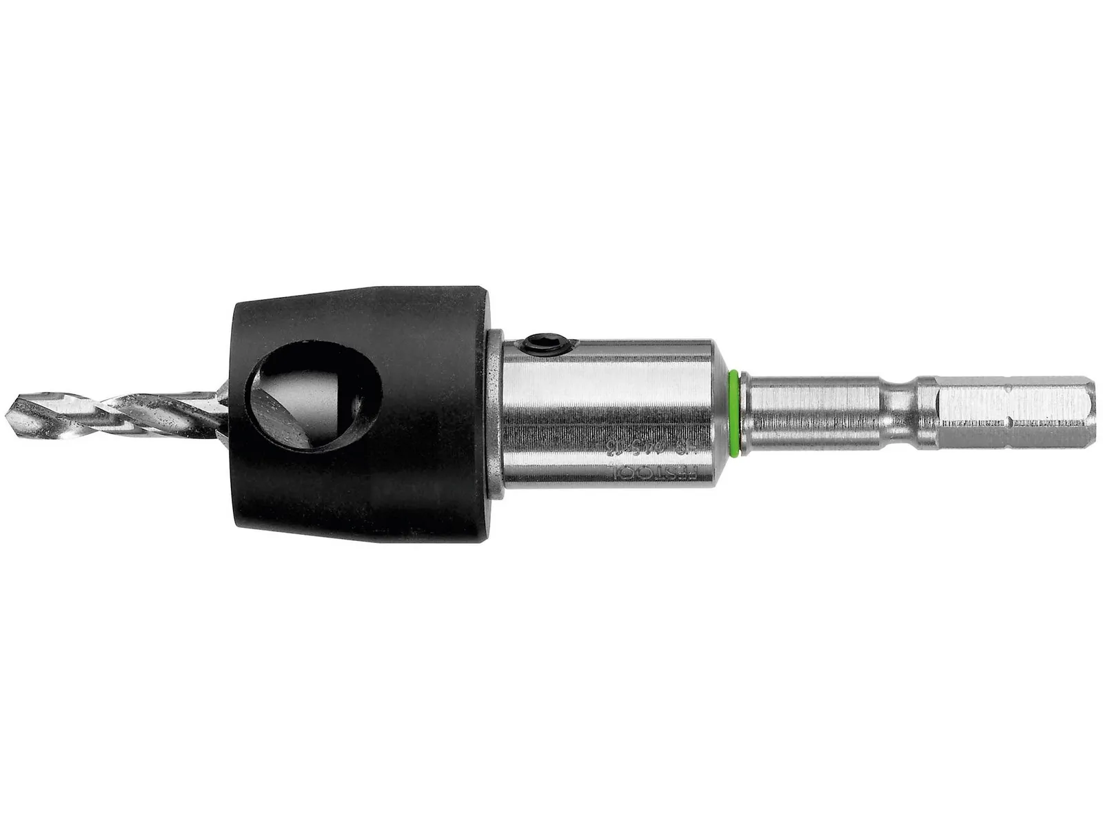 A close-up of a drill bit adapter with a hex shank, metal body, and black plastic casing, used for attaching bits to power tools.