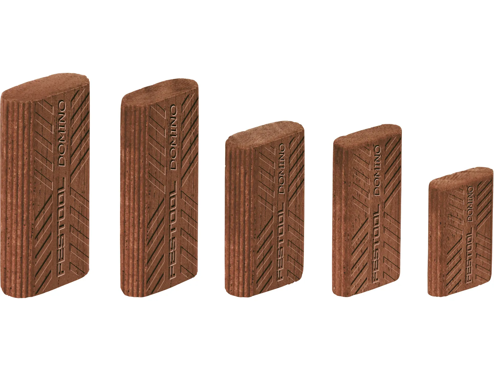 Five brown wooden Festool Domino tenons of varying sizes are arranged in a row from largest to smallest, each with a patterned surface.