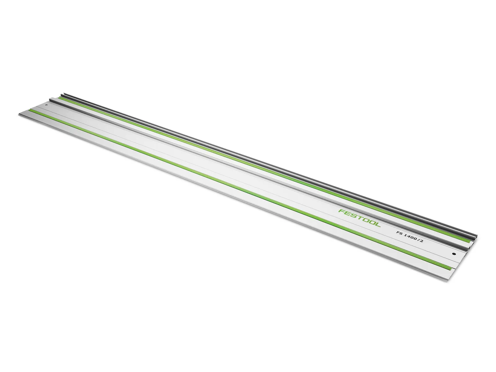A Festool guide rail with a silver metallic finish and green accents, designed for power tools to make straight, precise cuts.