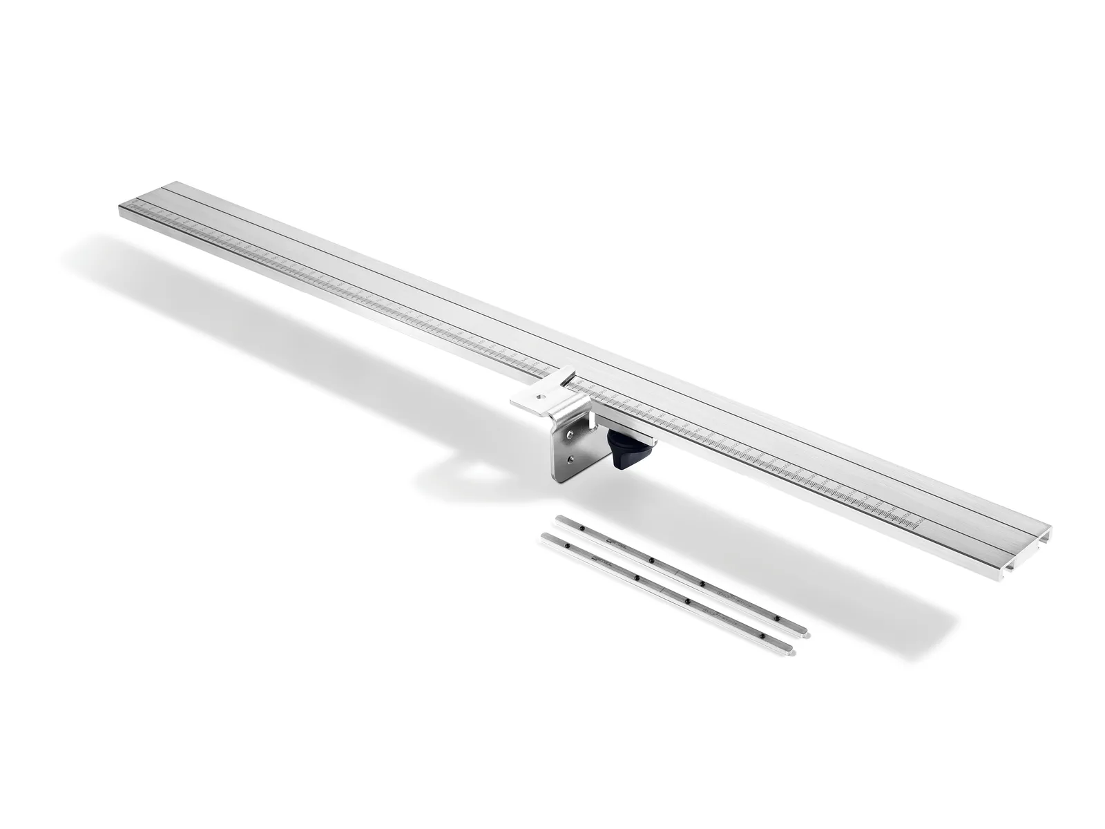 A silver aluminum T-track with an adjustable stop block and two thin metal measuring rods, all set against a white background.