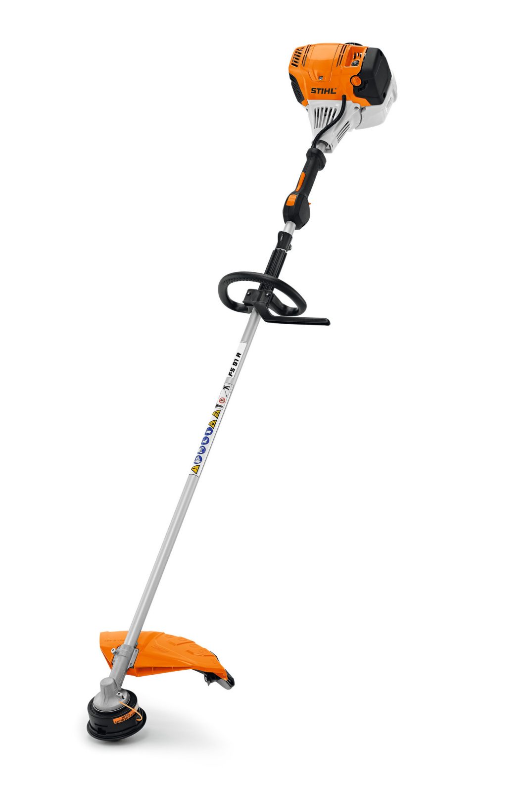 The Stihl FS91 R Petrol Brush Cutter has an orange and white motor, D handle, and guard, shown upright against a white background.