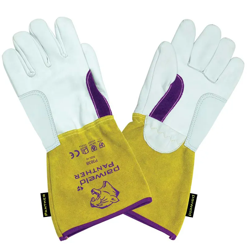 The PANTHER FINGERTIP TIG GLOVE - SIZE 10 has white leather fingers/palms, yellow suede cuffs with purple accents, and Panther branding.