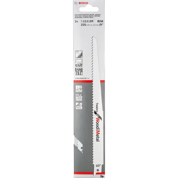 A pack of 5 Bosch S1111DF Heavy for Wood and Metal reciprocating saw blades with blades visible in packaging.