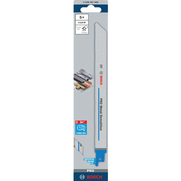 Bosch S1111DF Heavy for Wood and Metal Reciprocating Saw Blade, 5-pack in packaging with blade image, usage icons. For wood/metal cutting.