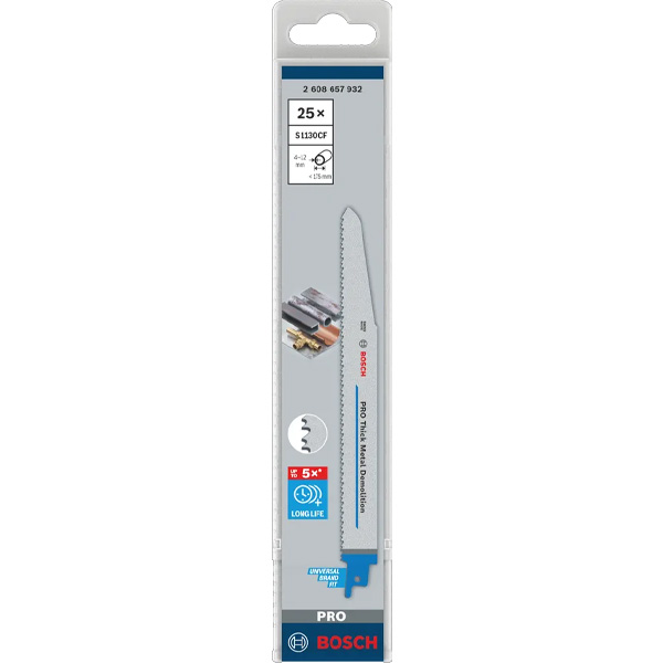 A Bosch S1111DF Heavy for Wood and Metal reciprocating saw blade, pack of 5, in packaging for wood and metal cutting versatility.