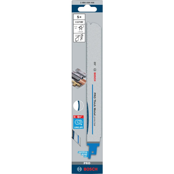 A Bosch S1111DF Heavy for Wood and Metal Reciprocating Saw Blade pack of 5, in packaging with icons for wood and metal cutting.