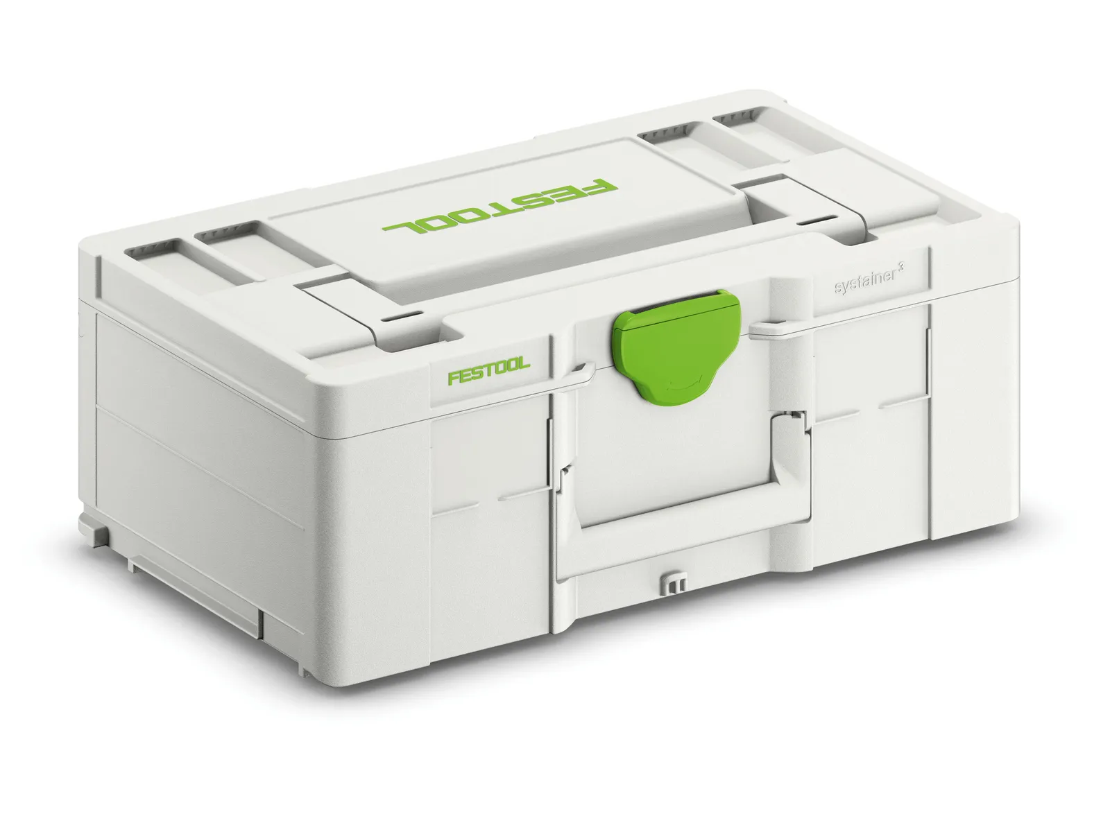 A white Festool Systainer storage box with a green latch and handle. It is designed for organizing and transporting tools and accessories.