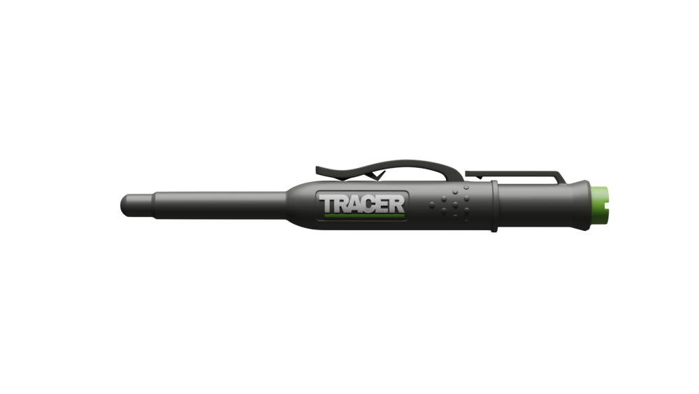 A black plastic pen-like tool with a pocket clip and green tip, shown horizontally on a white background—ideal for deep cut marking.