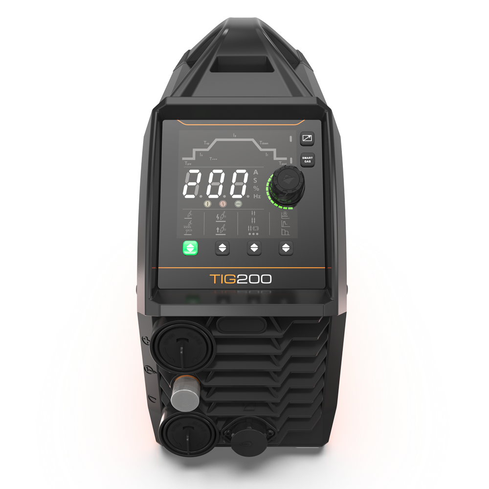 Front view of Jasic ZXJT-200P-PFC TIG 200 Pulse PFC DC Inverter with digital display, control knob, buttons, ports, black and orange casing.