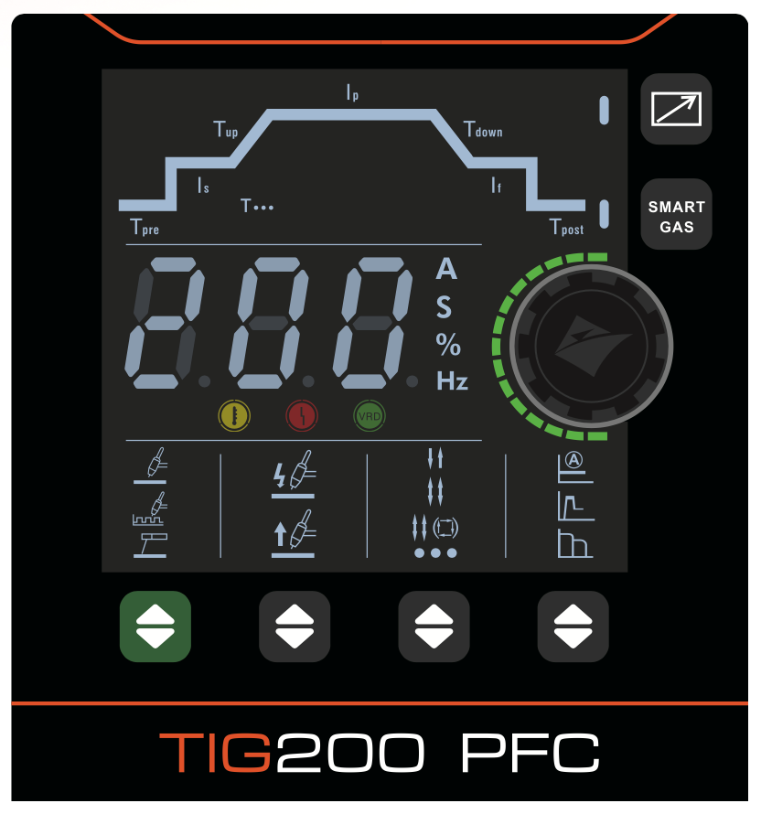 The Jasic ZXJT-200P-PFC TIG 200 Pulse DC Inverter has a digital panel with buttons, knob, LCD for settings, lights, and icons.