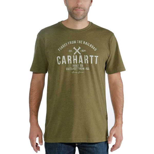 A man wearing an olive green Carhartt 103658 Outlast graphic short sleeve T-shirt with two crossed tools on the chest.