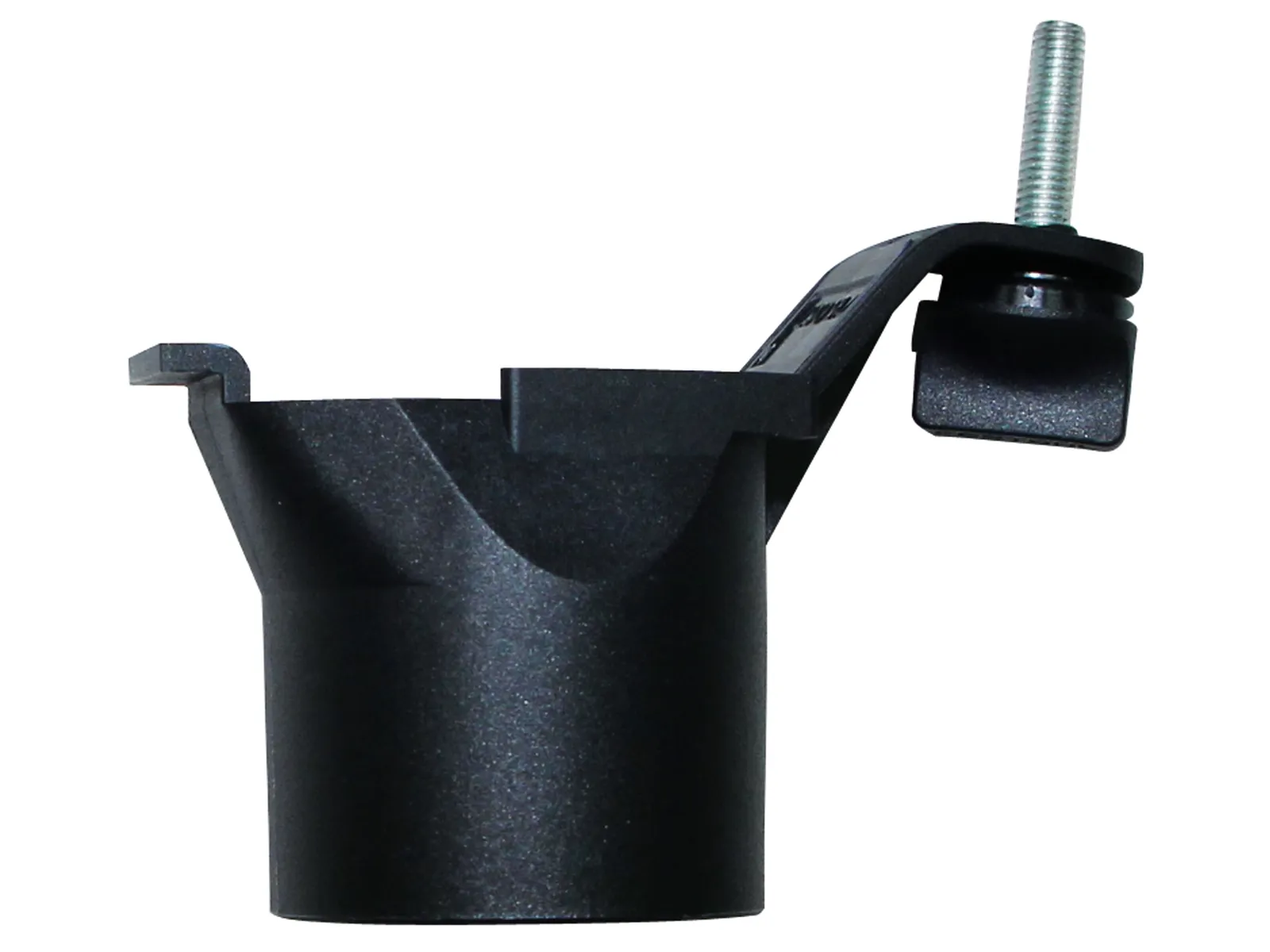 A black plastic automotive sensor bracket features a cylindrical base, an extended arm, and a metal bolt for mounting.