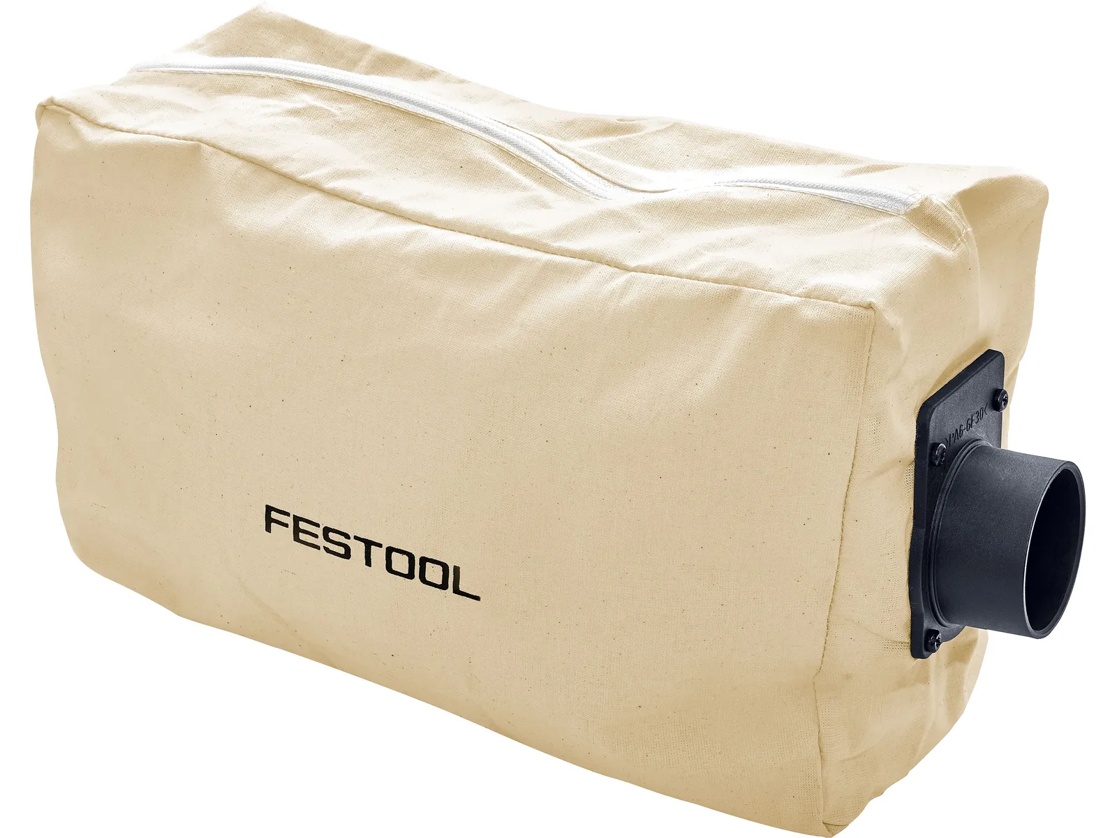 A beige rectangular dust collection bag with a zipper on top and a black plastic connector on one side.