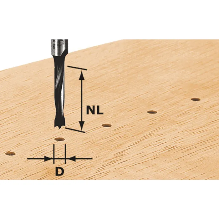 The Festool 491066 DOWEL DRILL HW D5/30 Z is displayed above a wooden board with evenly spaced holes, arrows indicating hole depth and distance.
