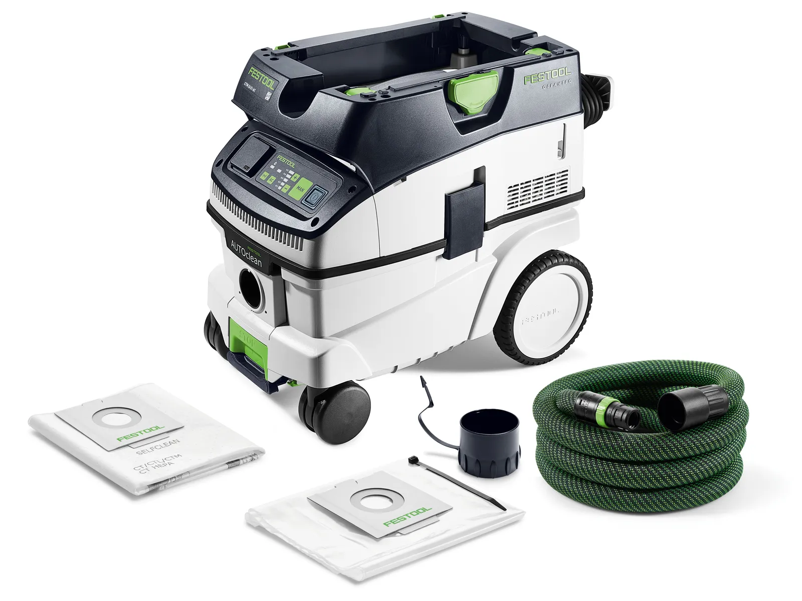 A white and green industrial vacuum cleaner with a digital panel, two filter bags, black nozzle, and coiled green hose on white background.