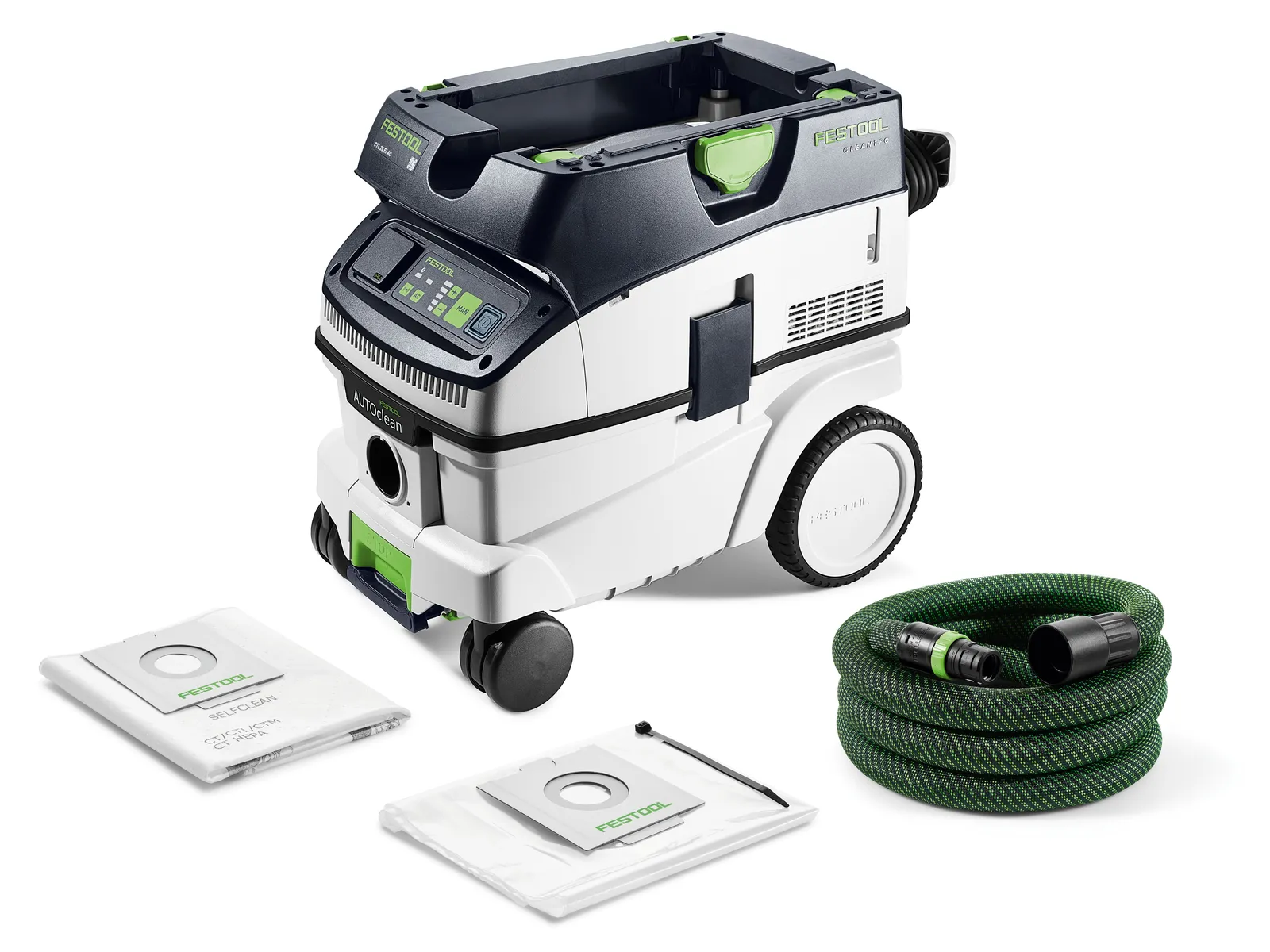 A white and green Festool vacuum dust extractor with a control panel, hose, and two filter bags beside it on a white background.