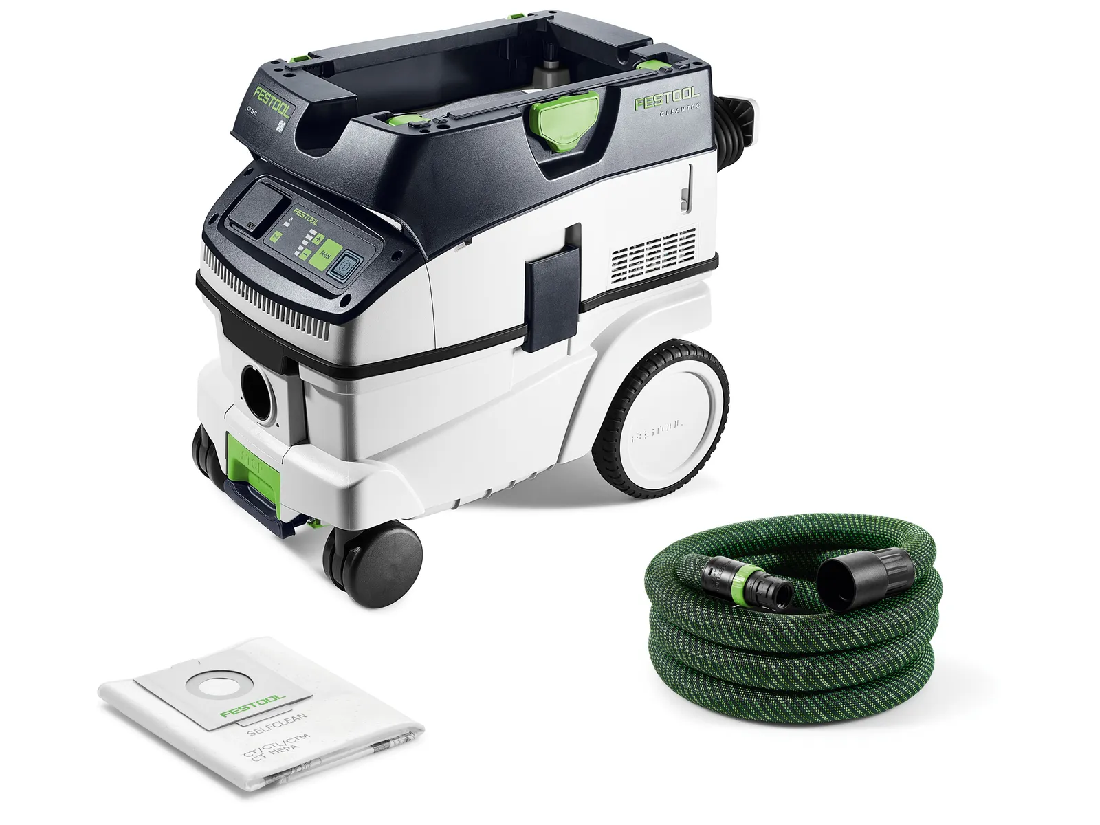 A Festool dust extractor vacuum with wheels, display panel, and storage compartment, beside a green hose and filter bag on white.
