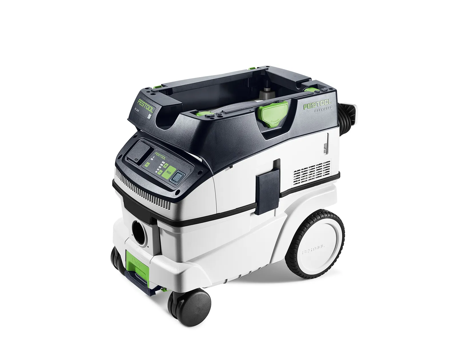 A white and dark gray Festool dust extractor with green accents, large rear wheels, small front wheels, display panel, and hose port.