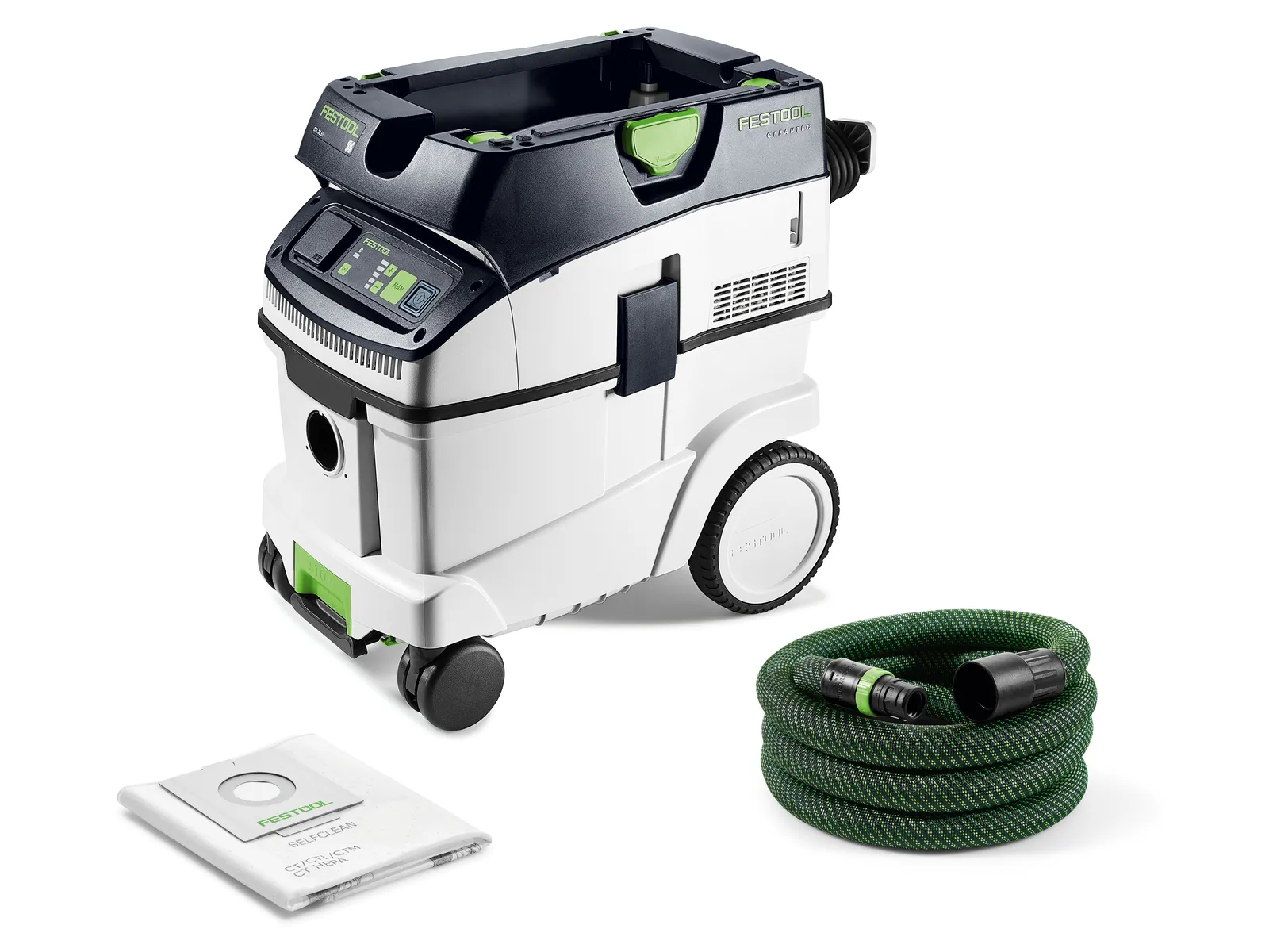 A white and black Festool mobile dust extractor vacuum with wheels, a green flexible hose, and a white vacuum bag beside it.