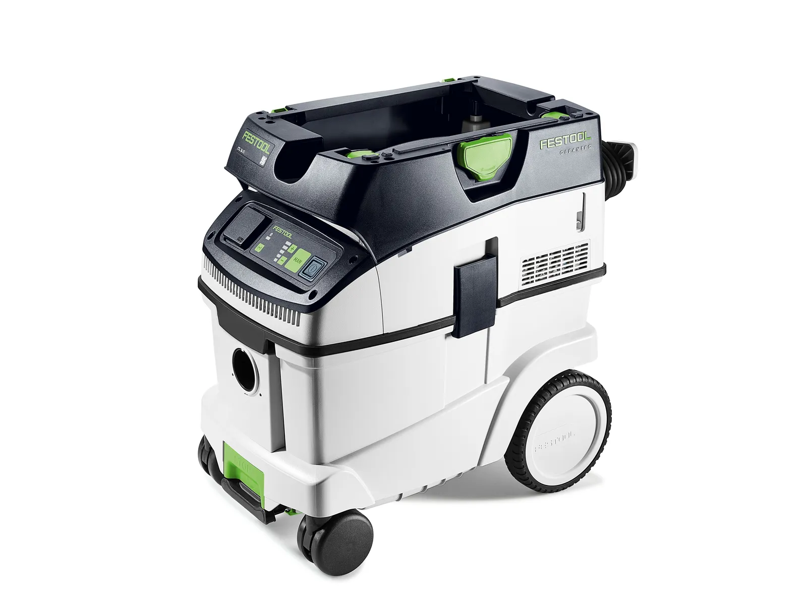 A white and black Festool vacuum cleaner with large rear wheels, control panel, and green accents, on a white background.