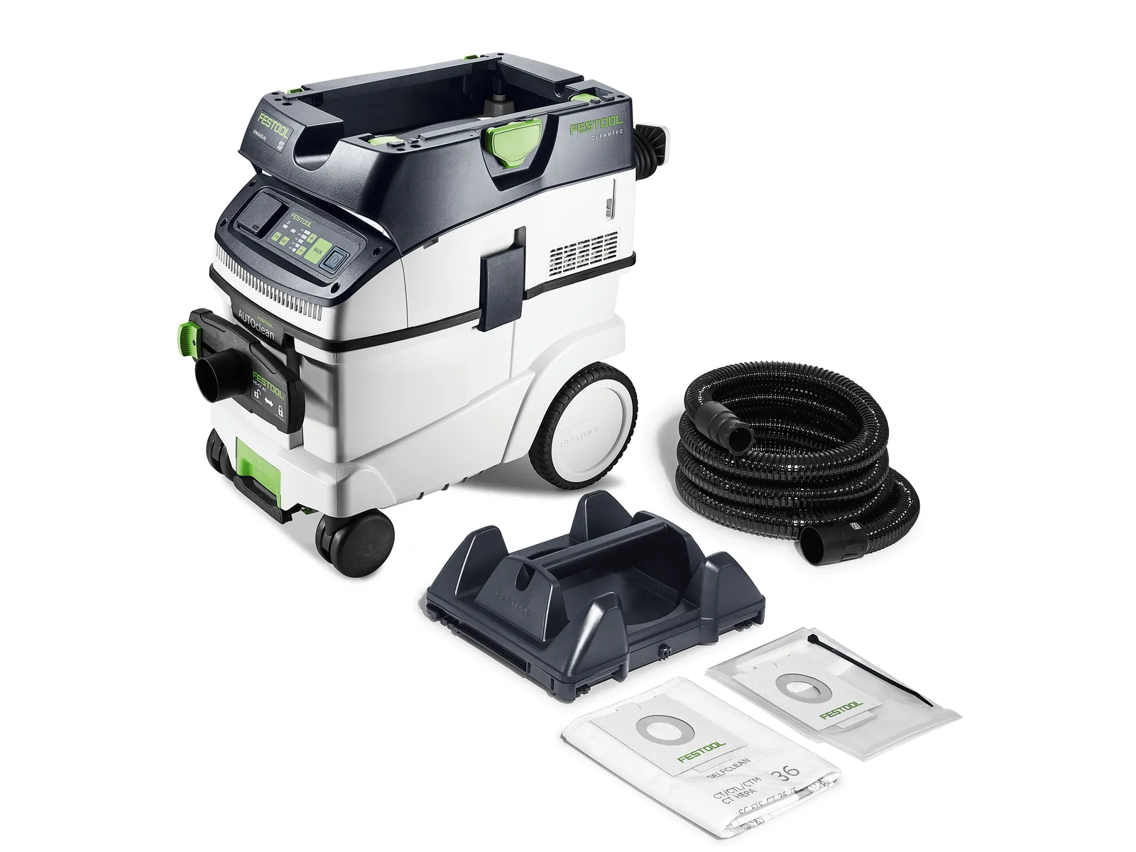 A compact, wheeled vacuum extractor with hose, filter bags, and accessories nearby, in white and gray with green accents.