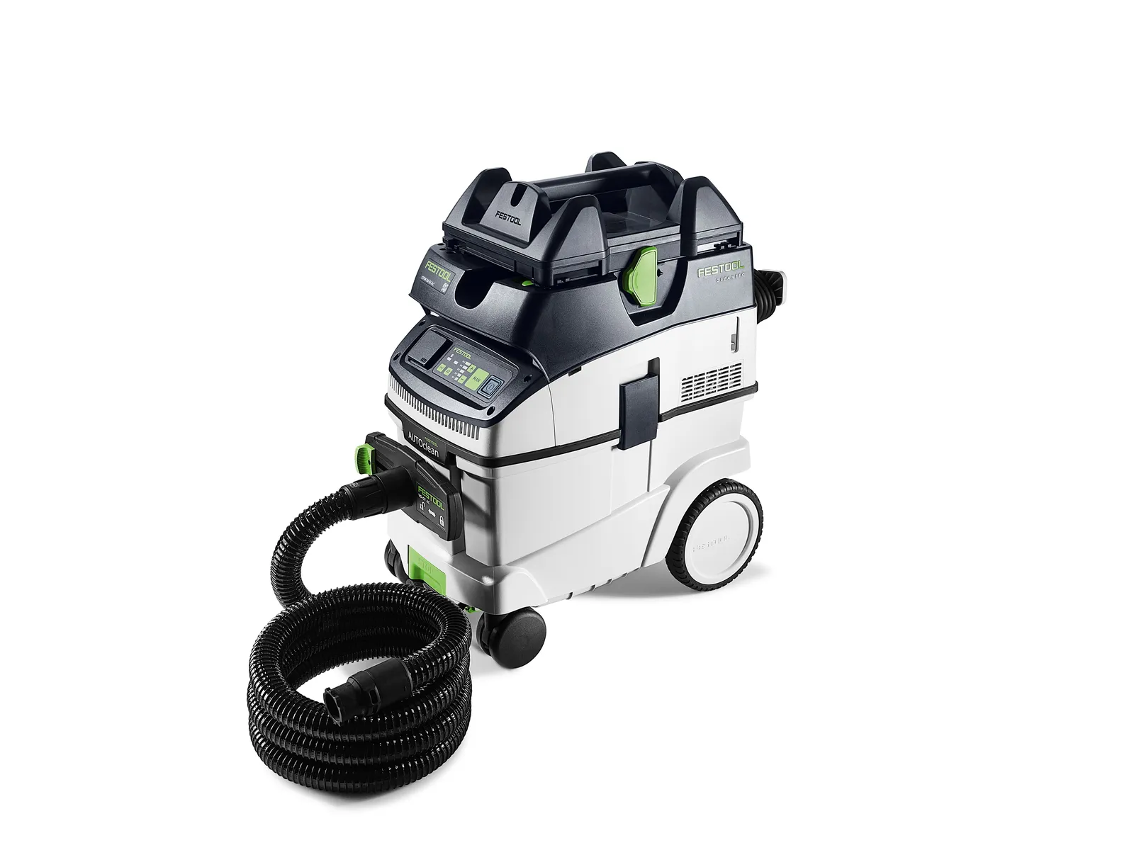 A compact industrial vacuum cleaner with a white and dark grey body, green buttons, large rear wheels, and a coiled black hose.