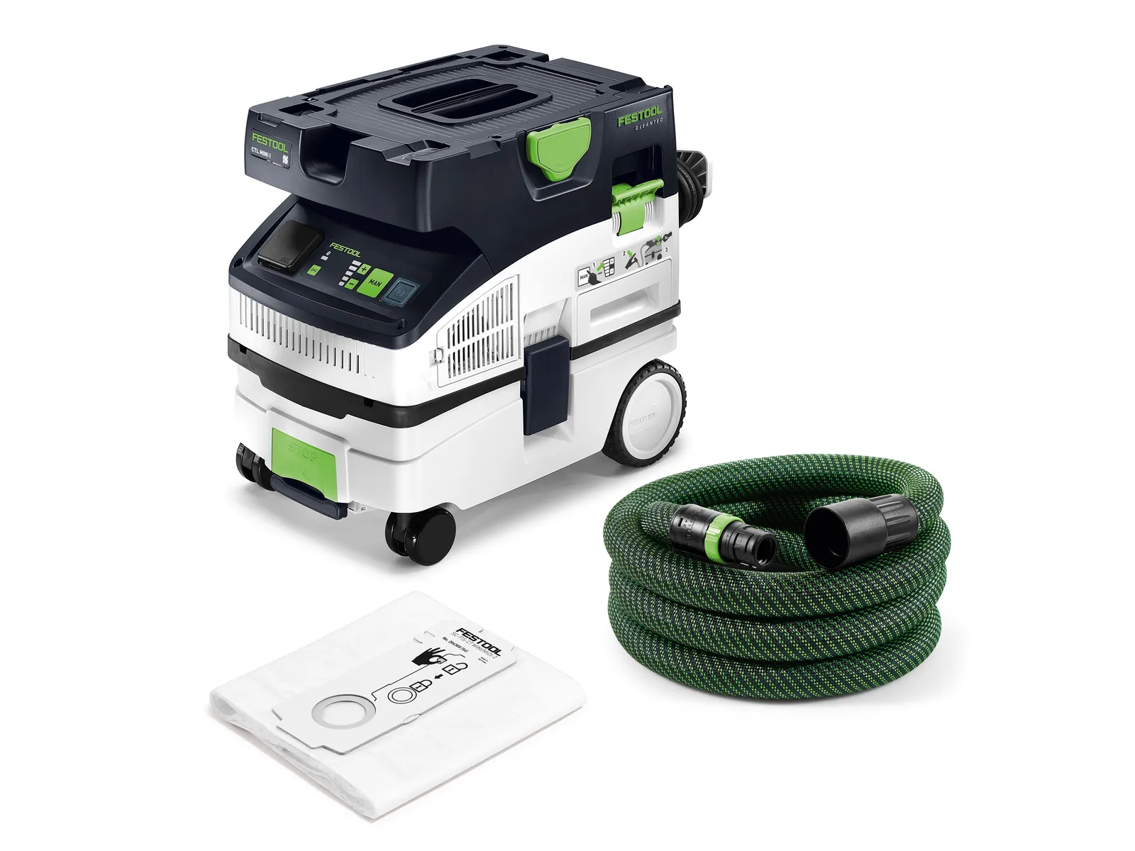 A Festool dust extractor with a digital display, large wheels, handle, green hose, and white vacuum bag on a white background.