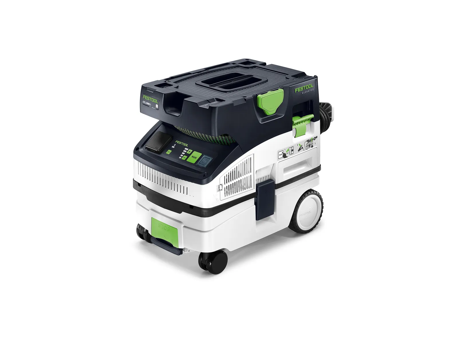 A compact dust extractor with a white and dark gray body, green accents, wheels, top handle, and front digital control panel.