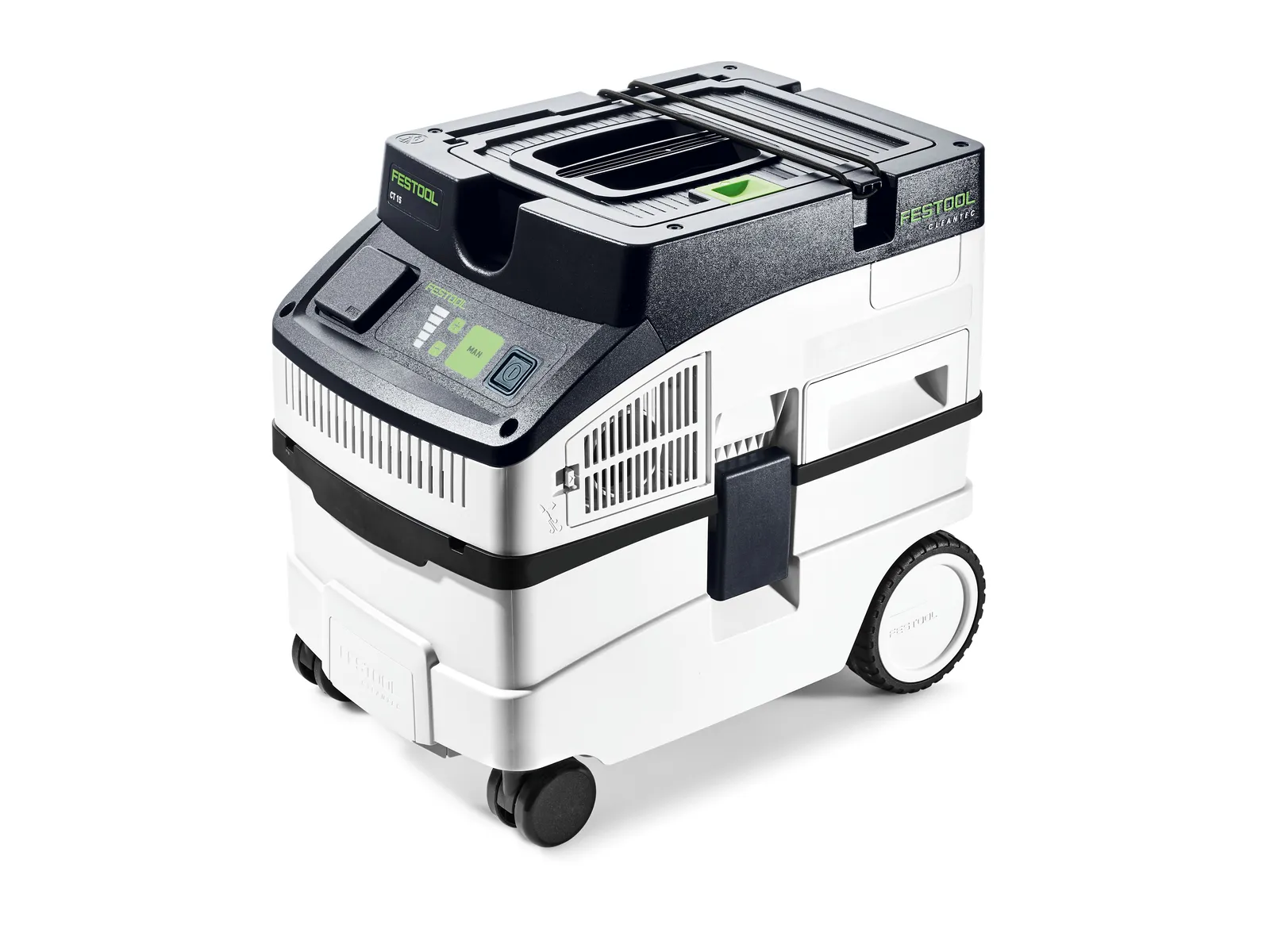 A white and black Festool portable dust extractor with green accents, digital display, carrying handle, and large rear wheels.