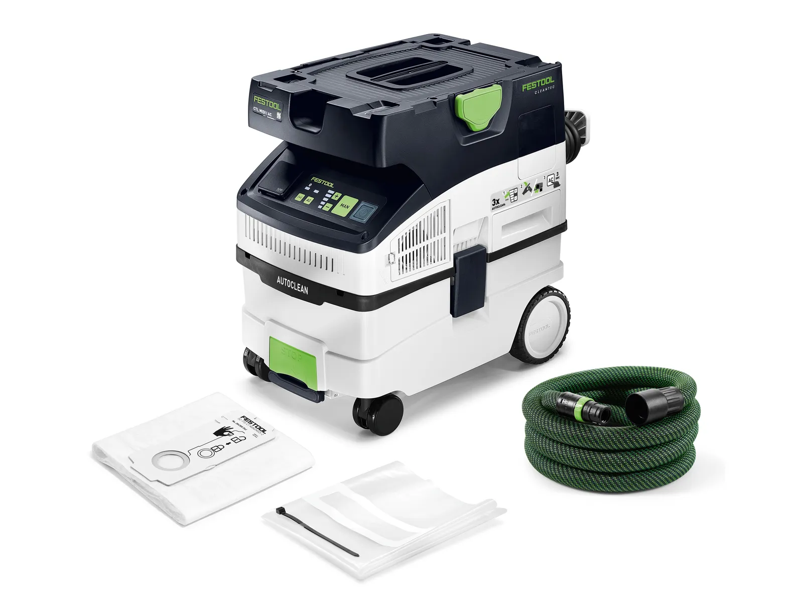 A Festool dust extractor with a display and buttons, green flexible hose, and white dust bags, all on a white background.