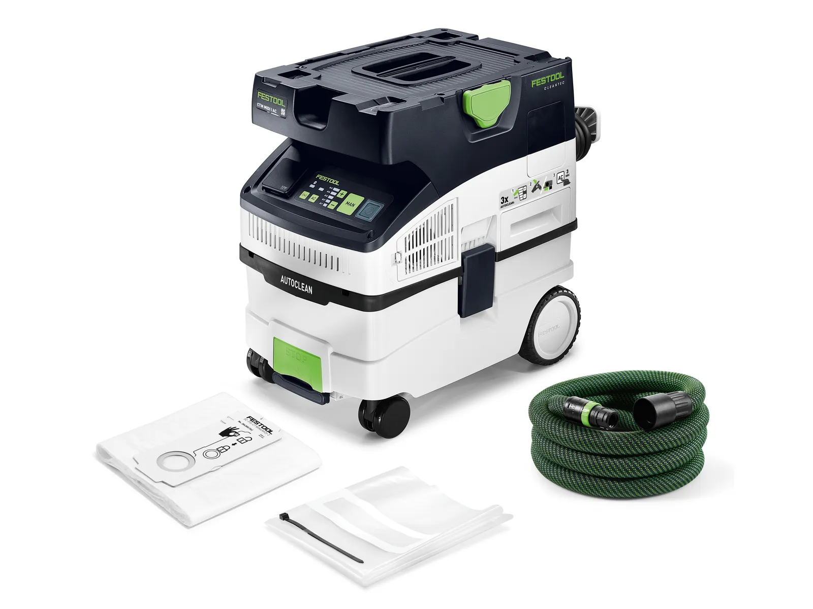 A Festool dust extractor with green handle, wheels, control panel, compartments, coiled green hose, dust bags, and accessories.
