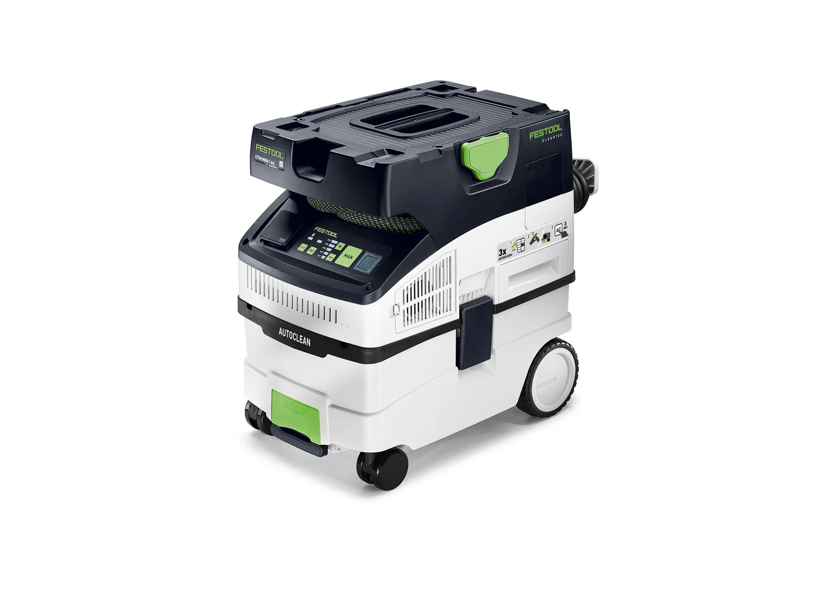 A Festool dust extractor with a white and black body, green accents, control panel, hose storage, and wheels for mobility.
