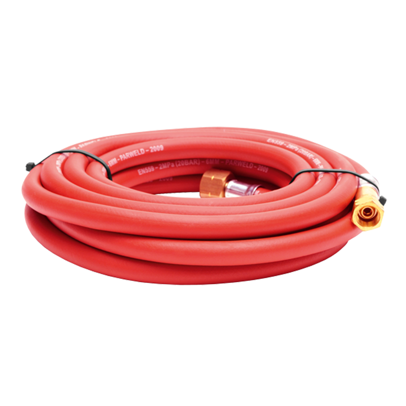 The Hose Assy 6mm AC 3/8" 10MT Parweld is a coiled red rubber hose with brass fittings, designed for easy storage and handling.