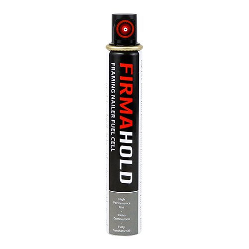 A tall cylindrical canister with a red and black design and red nozzle, suitable for Paslode, delivers high performance gas.