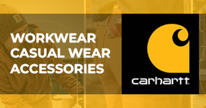 Carhartt logo on a yellow background with faint images of people wearing work clothing.