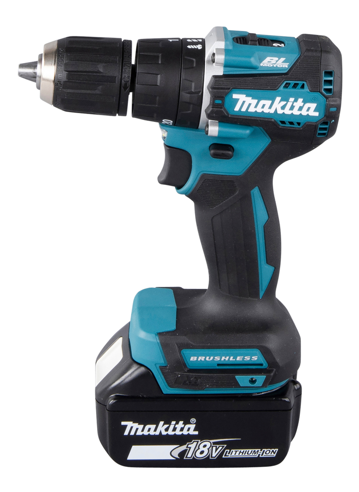The Makita DHP487SF 18v Combi Drill with 3Ah battery and charger has a brushless motor in a black and blue body.