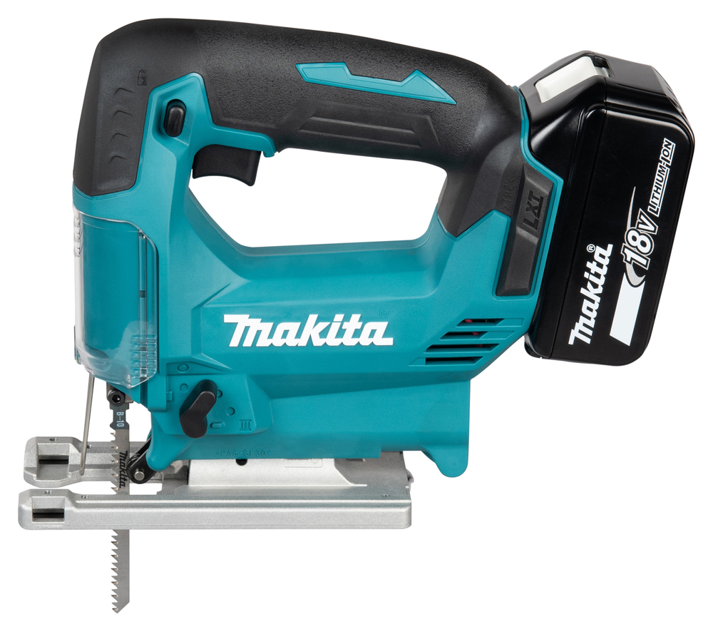 A Makita DHP487SF 18V combi drill with a black handle, teal body, and 3Ah battery is shown from the side with charger included.