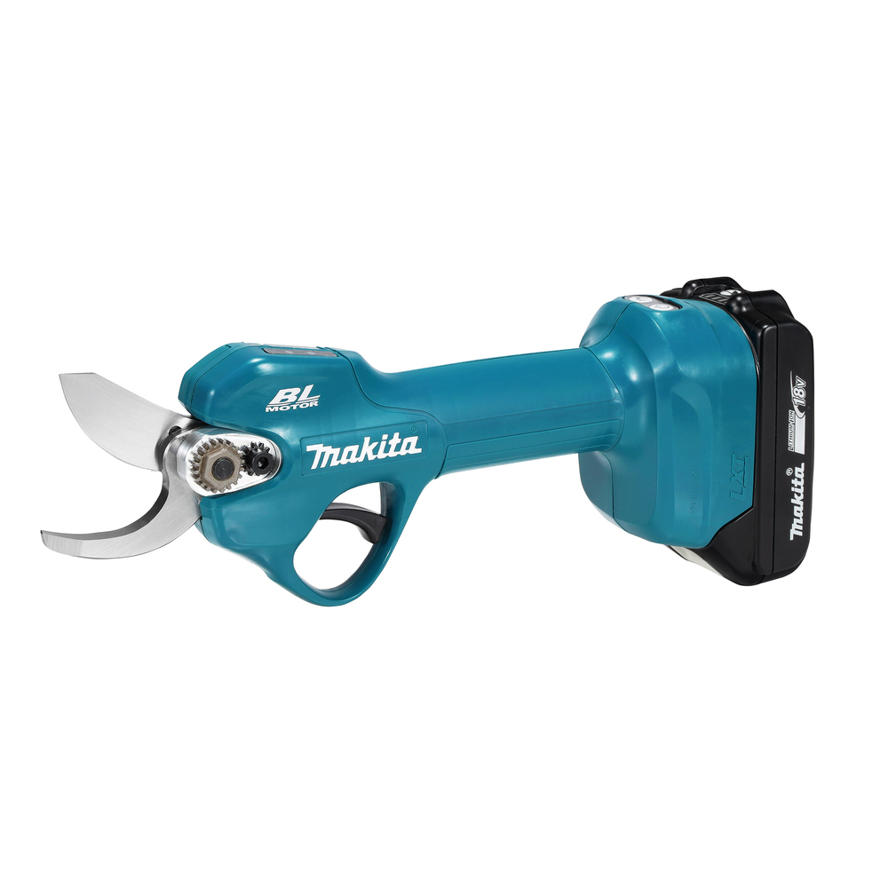 A blue Makita cordless pruning shear with a curved stainless steel blade and black 3ah battery next to a Makita DHP487SF 18v Combi Drill set.