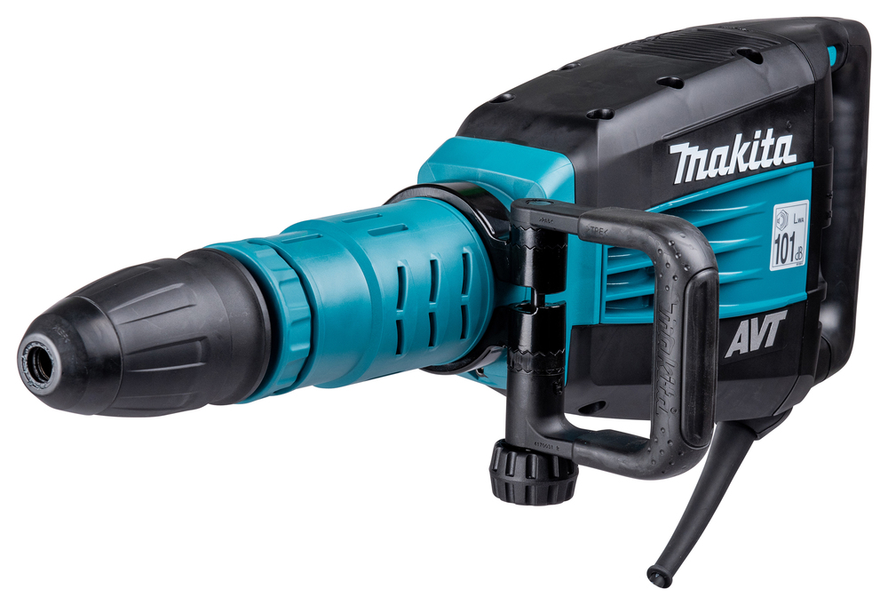 A close-up of a Makita HM1214C 10kg SDS-Max AVT Demolition Hammer with black and teal body, side handle, and power lead.