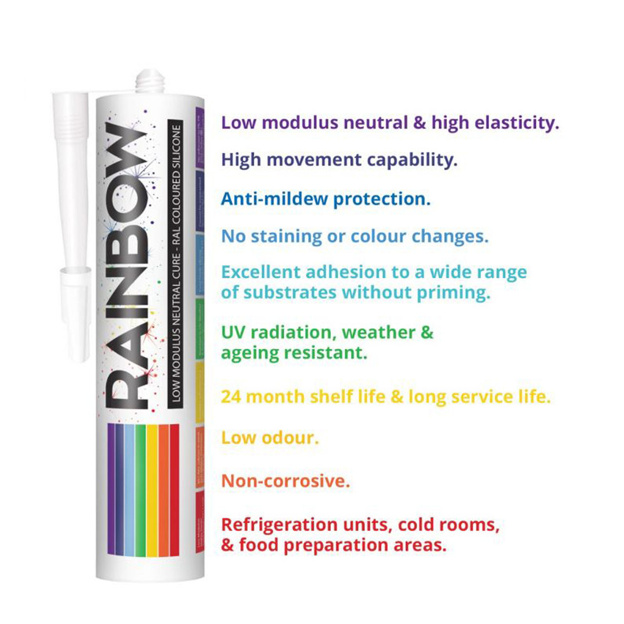 A tube of Rainbow sealant with a rainbow-colored label is shown. The design suggests suitability for kitchens and bathrooms.