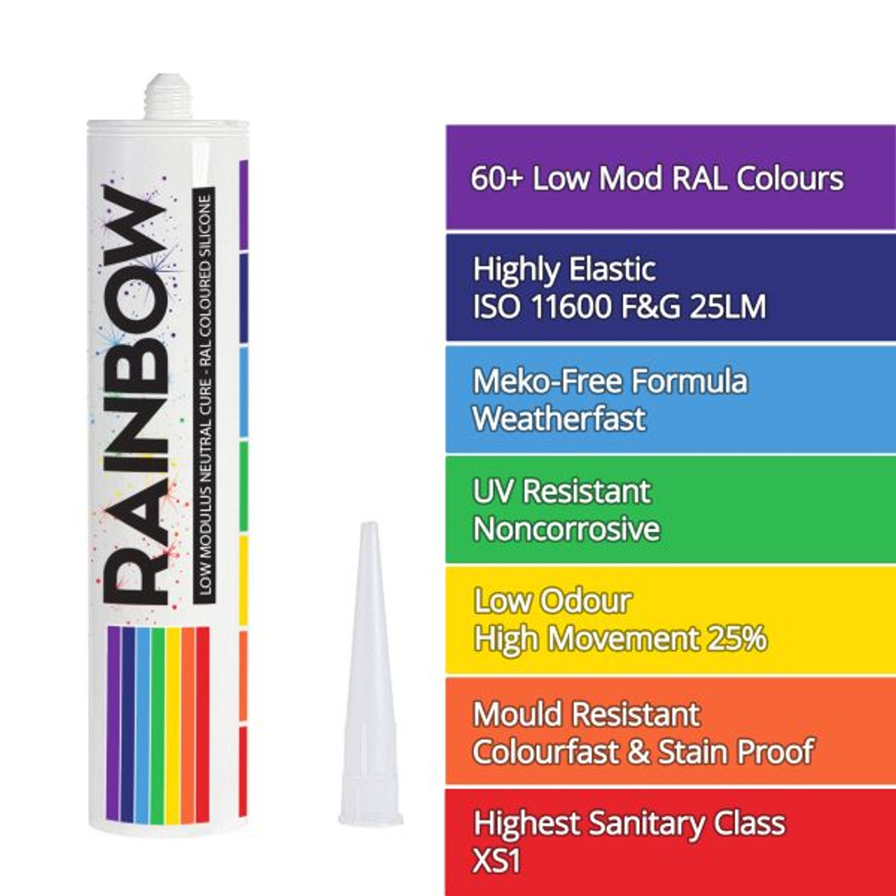 A tube of silicone sealant with rainbow-colored stripes, a white background, and a separate pointed nozzle cap beside it.