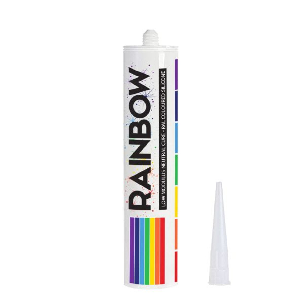 A tube of silicone sealant with rainbow-colored stripes, a white background, and a separate pointed nozzle cap beside it.