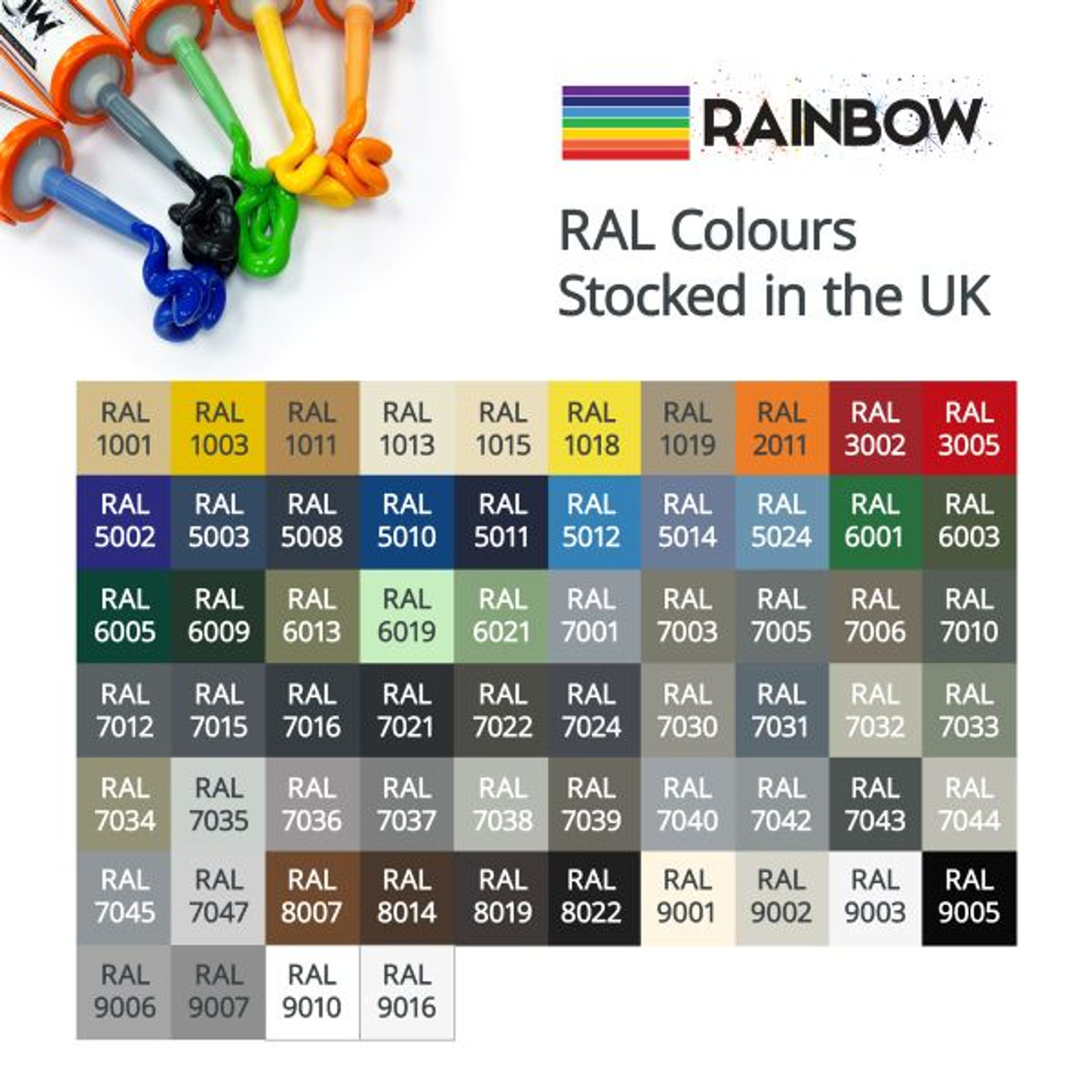 A chart displays various RAL colour swatches with codes. Five knotted cords in different colours are at the top left corner.