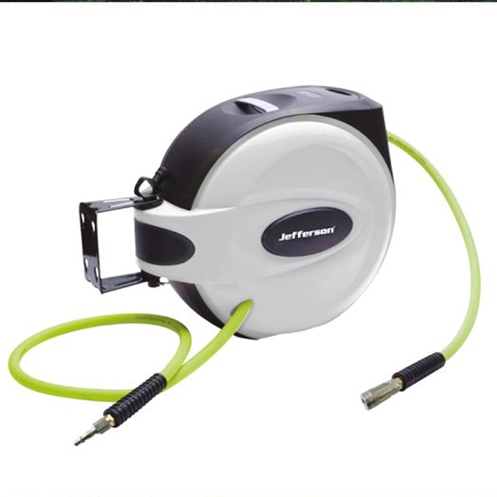 The Jefferson 15m hose reel has a black and white casing, metal bracket, and bright green hybrid hose with metal connectors.