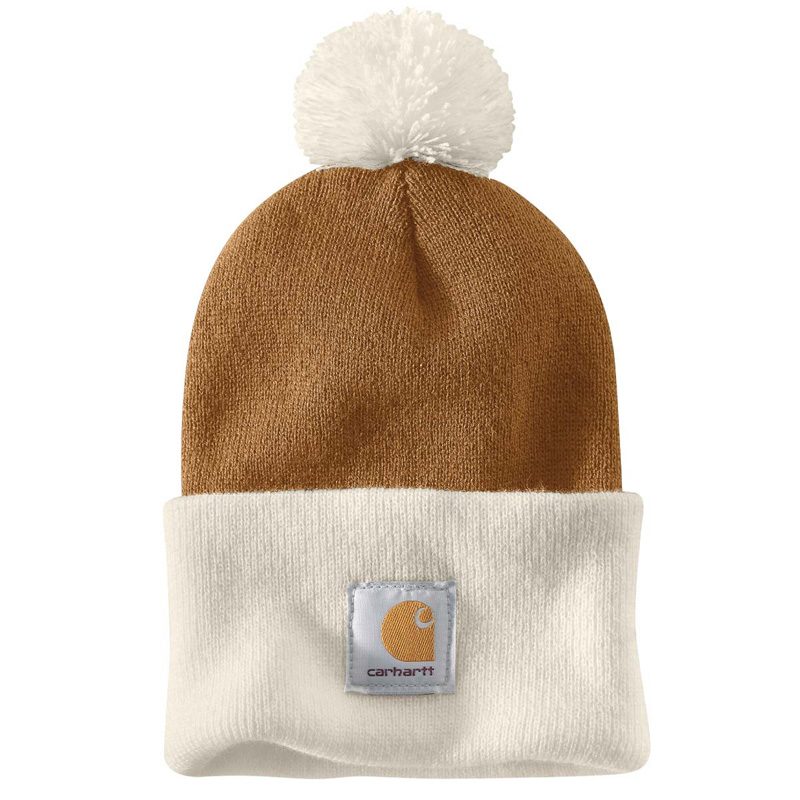 The Carhartt AH3343 M Knit Pom Cuffed Beanie OS has a brown and white knit design, white pom-pom, folded cuff, and logo patch.