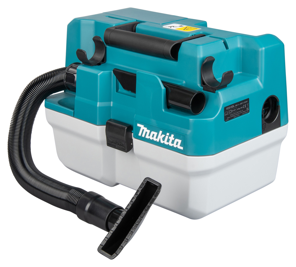 A teal and white Makita portable vacuum with a black hose and flat nozzle, designed for easy cleaning—ideal for toolkit use.
