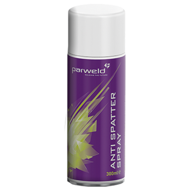 A 300ml can of Parweld Anti spatter spray with a purple and green design and the Parweld logo on the label.